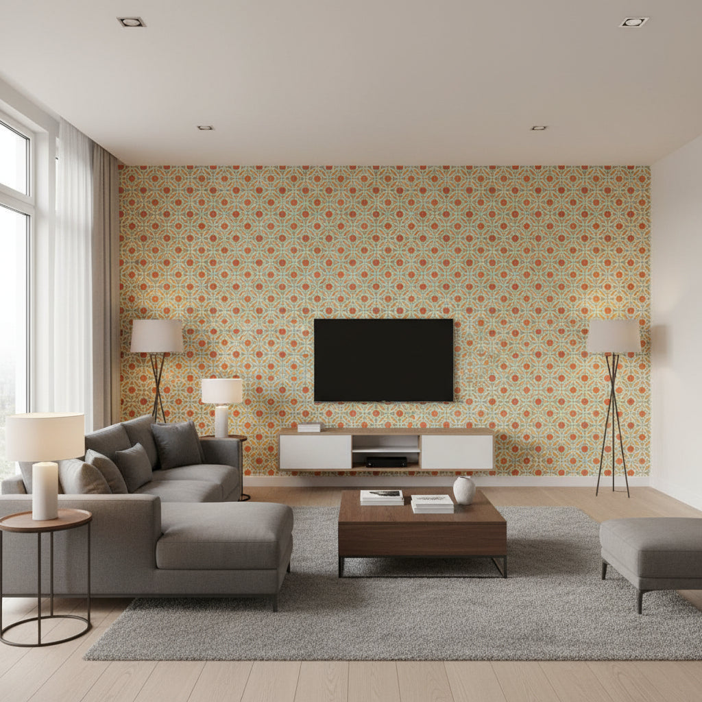 Serallo Mosaic Persimmon | Schumacher Wallcovering - Living Room Visualization (AI-generated, may not be to scale. Verify pattern scale with product specifications.)