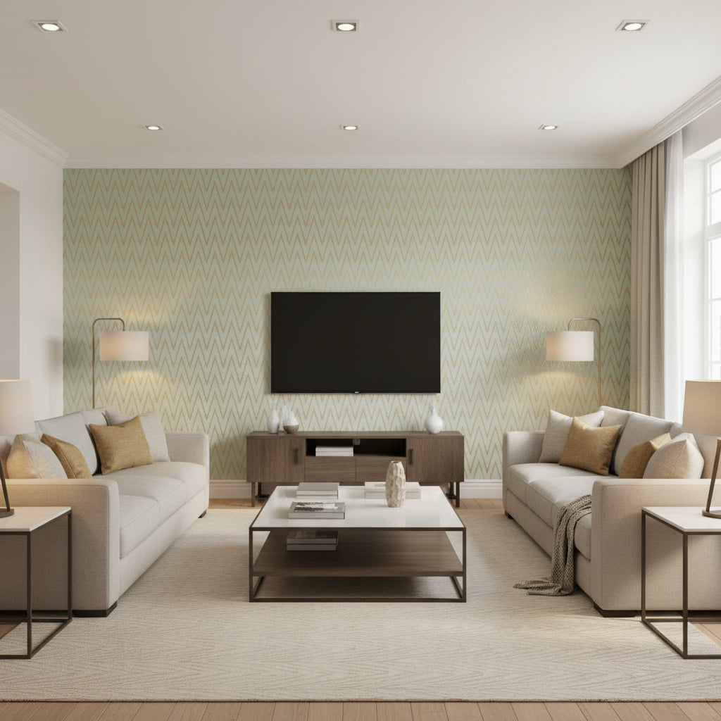 Kasari Ikat Aquamarine | Schumacher Wallcovering - Living Room Visualization (AI-generated, may not be to scale. Verify pattern scale with product specifications.)