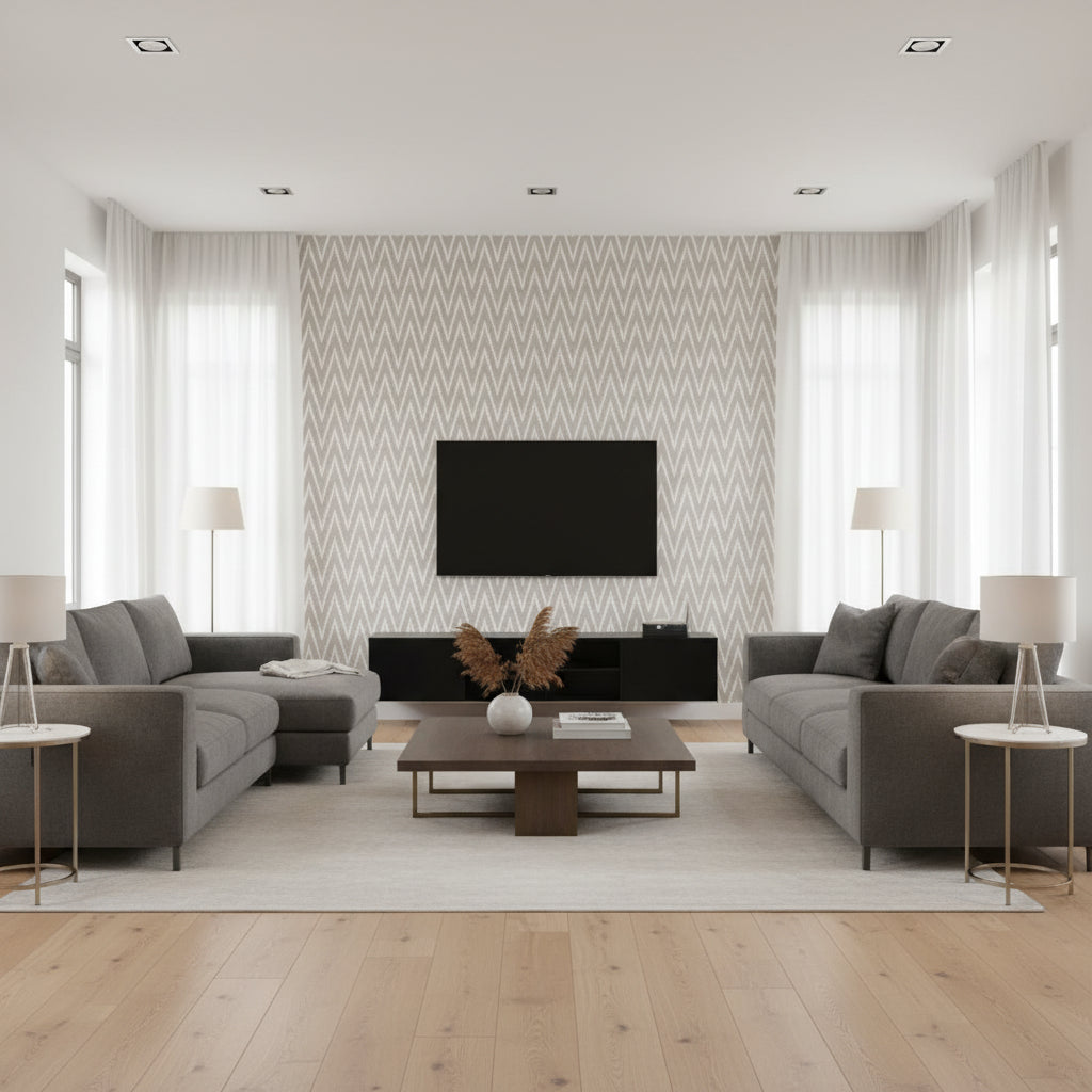 Kasari Ikat Silver | Schumacher Wallcovering - Living Room Visualization (AI-generated, may not be to scale. Verify pattern scale with product specifications.)