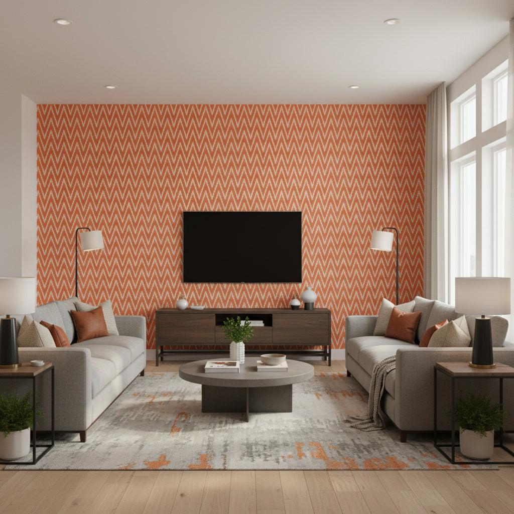 Kasari Ikat Terra Cotta | Schumacher Wallcovering - Living Room Visualization (AI-generated, may not be to scale. Verify pattern scale with product specifications.)