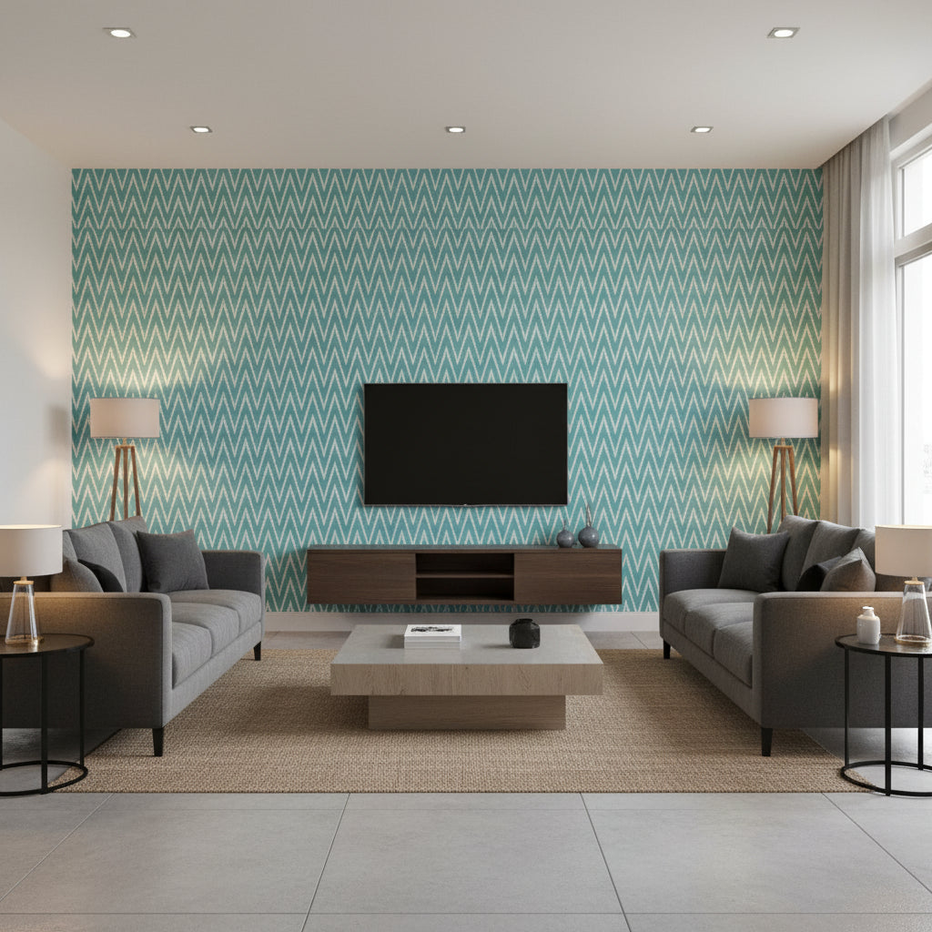 Kasari Ikat Azure | Schumacher Wallcovering - Living Room Visualization (AI-generated, may not be to scale. Verify pattern scale with product specifications.)