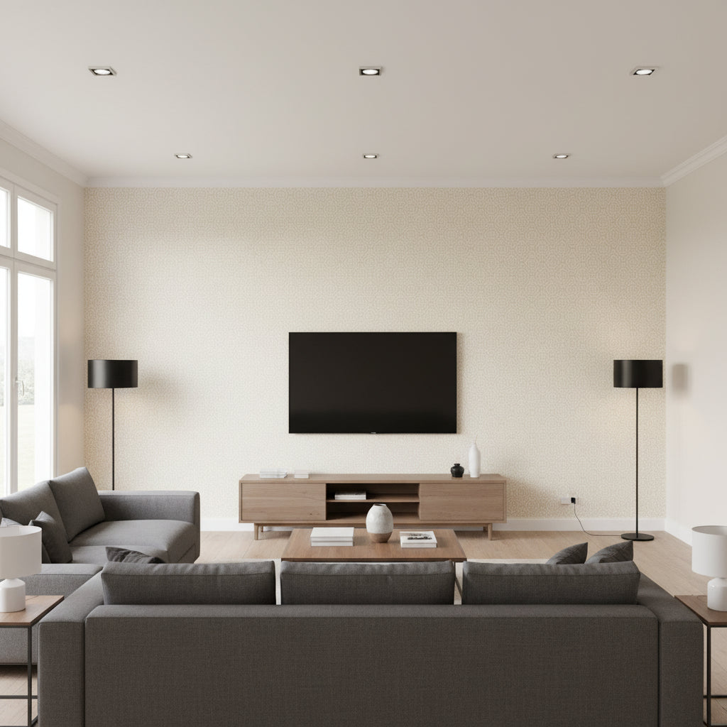 Soho Diamond Alabaster | Schumacher Wallcovering - Living Room Visualization (AI-generated, may not be to scale. Verify pattern scale with product specifications.)