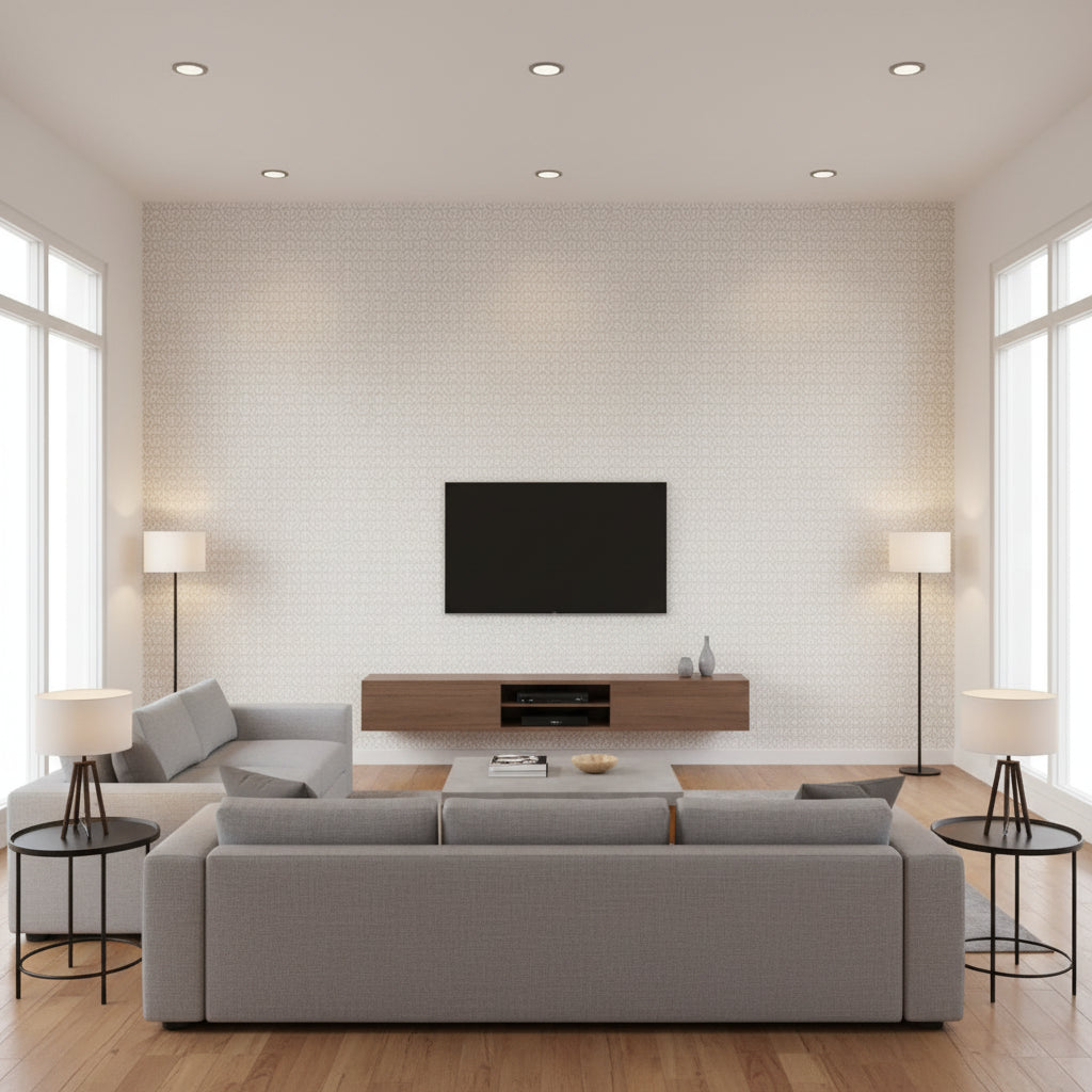 Soho Diamond Stone | Schumacher Wallcovering - Living Room Visualization (AI-generated, may not be to scale. Verify pattern scale with product specifications.)