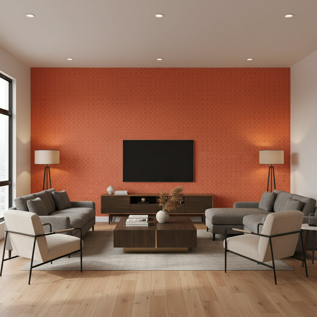 Medina Persimmon | Schumacher Wallcovering - Living Room Visualization (AI-generated, may not be to scale. Verify pattern scale with product specifications.)
