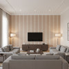 Acanthus Stripe Sisal Haze | Schumacher Wallcovering - Living Room Visualization (AI-generated, may not be to scale. Verify pattern scale with product specifications.)