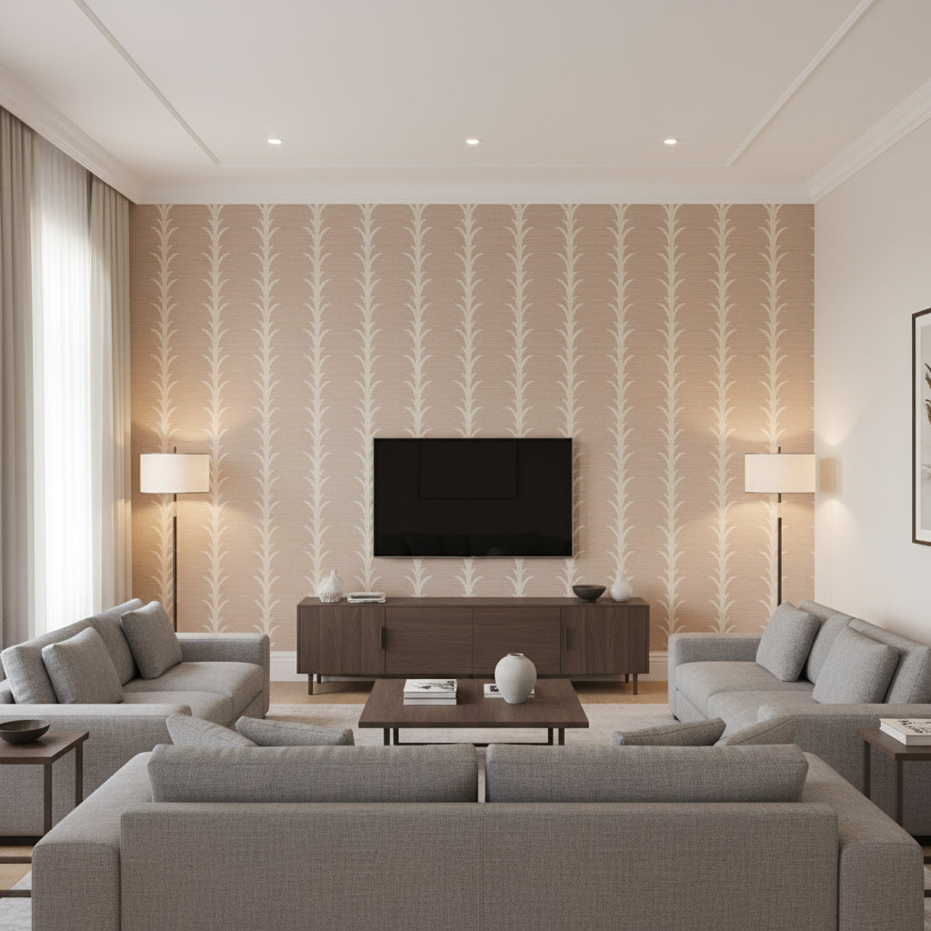 Acanthus Stripe Sisal Haze | Schumacher Wallcovering - Living Room Visualization (AI-generated, may not be to scale. Verify pattern scale with product specifications.)