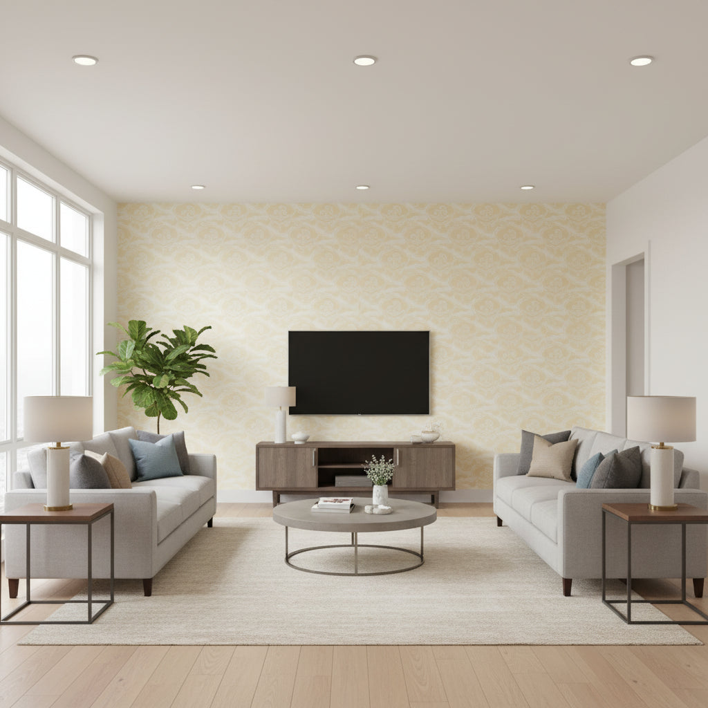 Cirrus Clouds Sisal Blanched | Schumacher Wallcovering - Living Room Visualization (AI-generated, may not be to scale. Verify pattern scale with product specifications.)