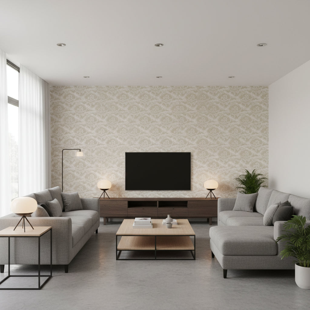 Cirrus Clouds Sisal Fog & Chalk | Schumacher Wallcovering - Living Room Visualization (AI-generated, may not be to scale. Verify pattern scale with product specifications.)