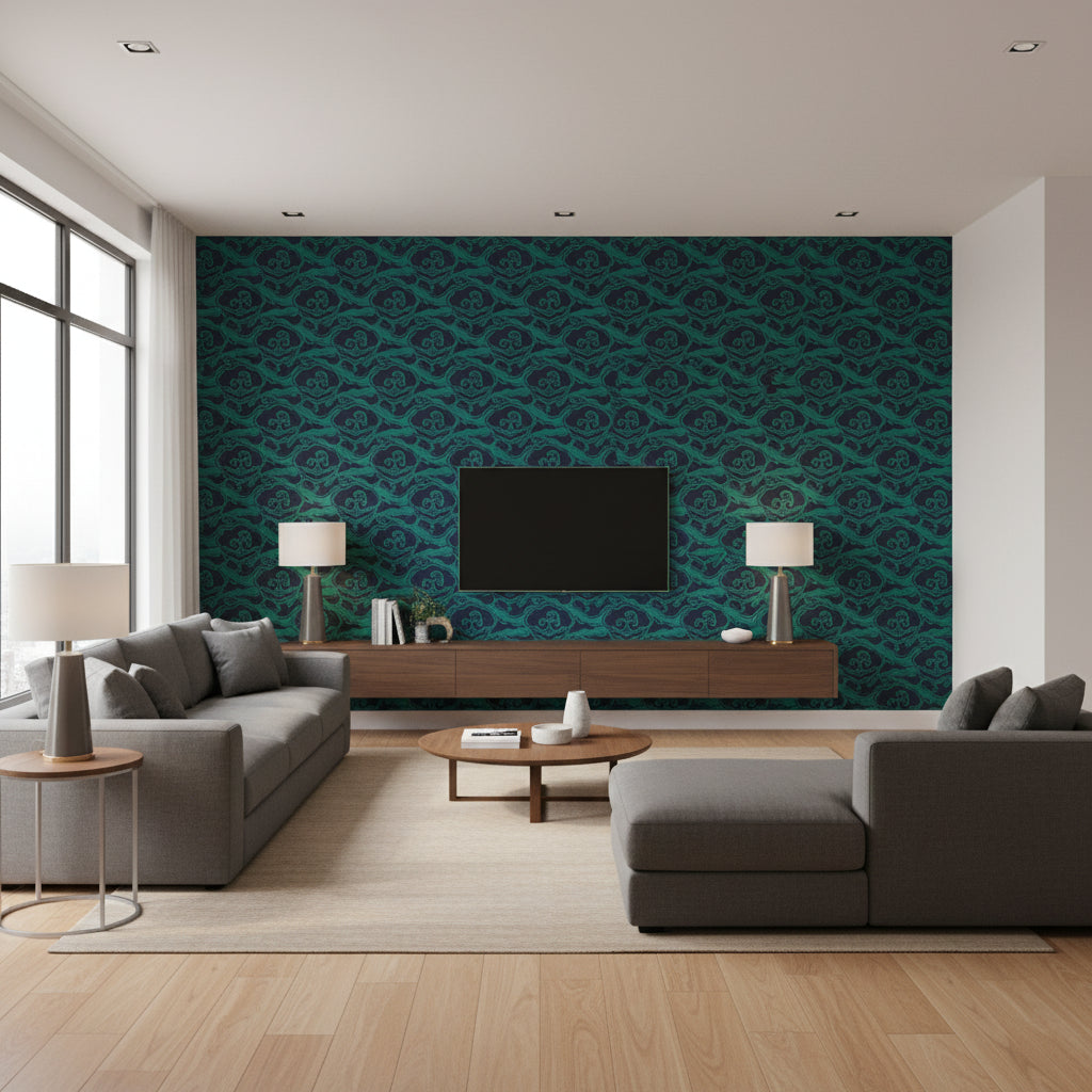 Cirrus Clouds Sisal Plume | Schumacher Wallcovering - Living Room Visualization (AI-generated, may not be to scale. Verify pattern scale with product specifications.)