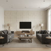Feather Bloom Sisal Dove | Schumacher Wallcovering - Living Room Visualization (AI-generated, may not be to scale. Verify pattern scale with product specifications.)
