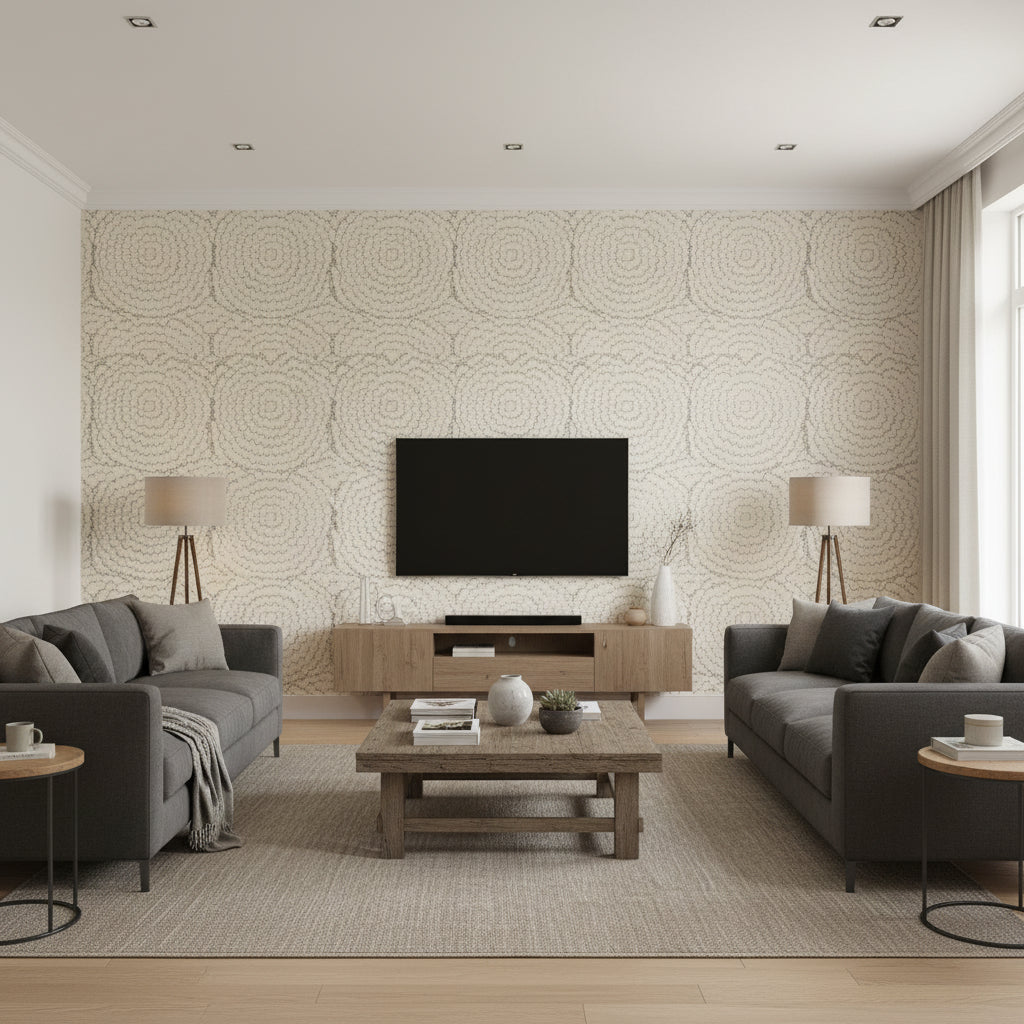 Feather Bloom Sisal Dove | Schumacher Wallcovering - Living Room Visualization (AI-generated, may not be to scale. Verify pattern scale with product specifications.)