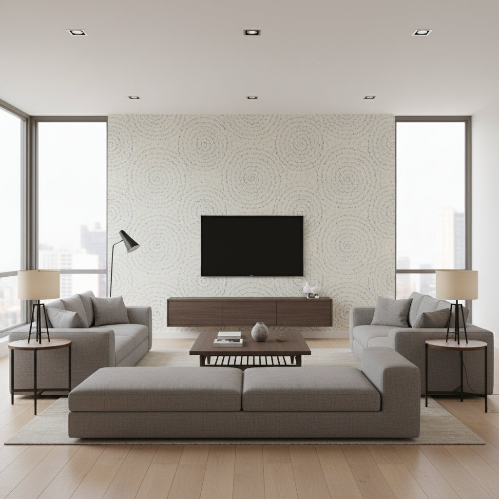 Feather Bloom Sisal Two Blues | Schumacher Wallcovering - Living Room Visualization (AI-generated, may not be to scale. Verify pattern scale with product specifications.)