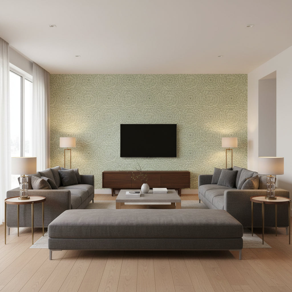Feather Bloom Sisal Emerald & Ore | Schumacher Wallcovering - Living Room Visualization (AI-generated, may not be to scale. Verify pattern scale with product specifications.)