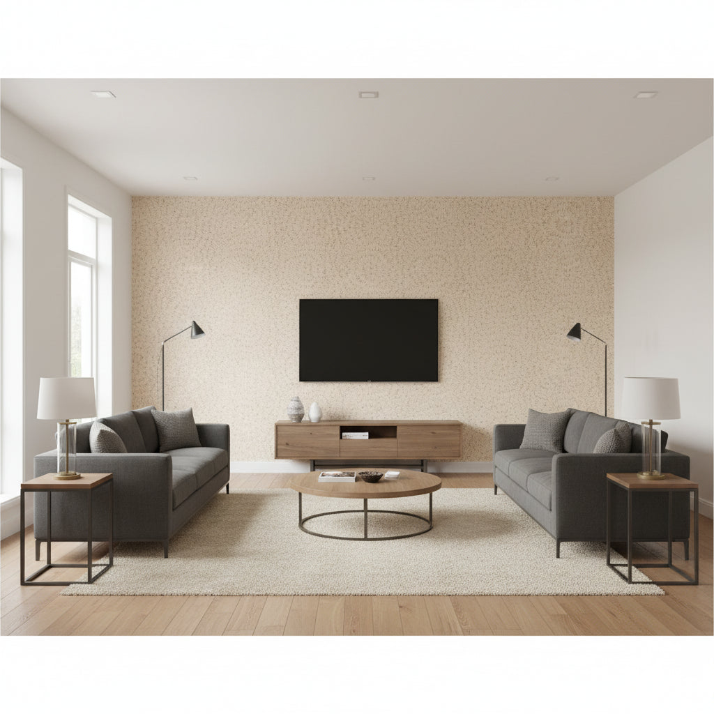 Feather Bloom Sisal Venetian Pink | Schumacher Wallcovering - Living Room Visualization (AI-generated, may not be to scale. Verify pattern scale with product specifications.)