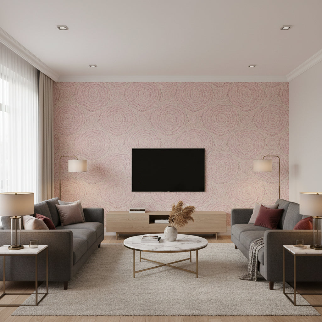 Feather Bloom Sisal Fuchsia & Jet | Schumacher Wallcovering - Living Room Visualization (AI-generated, may not be to scale. Verify pattern scale with product specifications.)