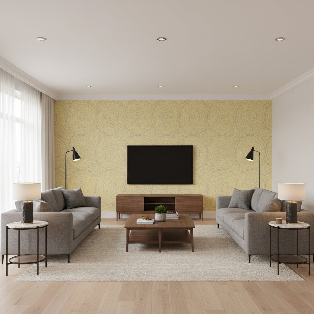 Feather Bloom Sisal Sun & Fog | Schumacher Wallcovering - Living Room Visualization (AI-generated, may not be to scale. Verify pattern scale with product specifications.)