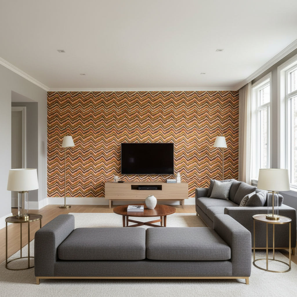 Flame Sisal Zippity Doo Dah | Schumacher Wallcovering - Living Room Visualization (AI-generated, may not be to scale. Verify pattern scale with product specifications.)