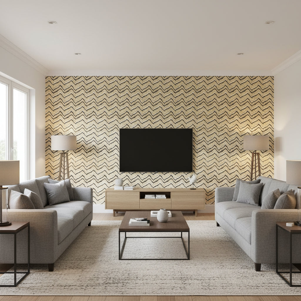 Flame Sisal Waltz | Schumacher Wallcovering - Living Room Visualization (AI-generated, may not be to scale. Verify pattern scale with product specifications.)