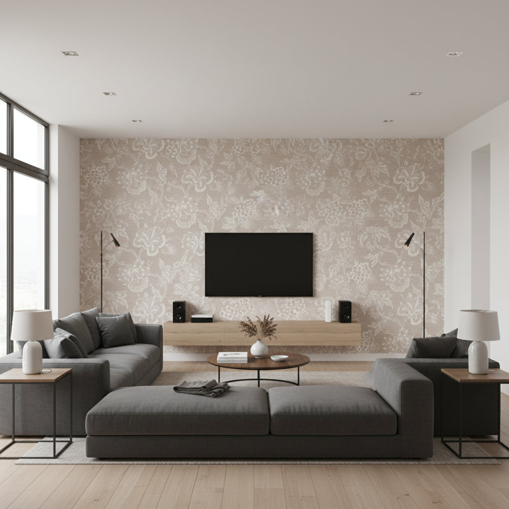 Hothouse Flowers Sisal Haze & Chalk | Schumacher Wallcovering - Living Room Visualization (AI-generated, may not be to scale. Verify pattern scale with product specifications.)