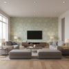 Hothouse Flowers Sisal Seaglass & Chalk | Schumacher Wallcovering - Living Room Visualization (AI-generated, may not be to scale. Verify pattern scale with product specifications.)