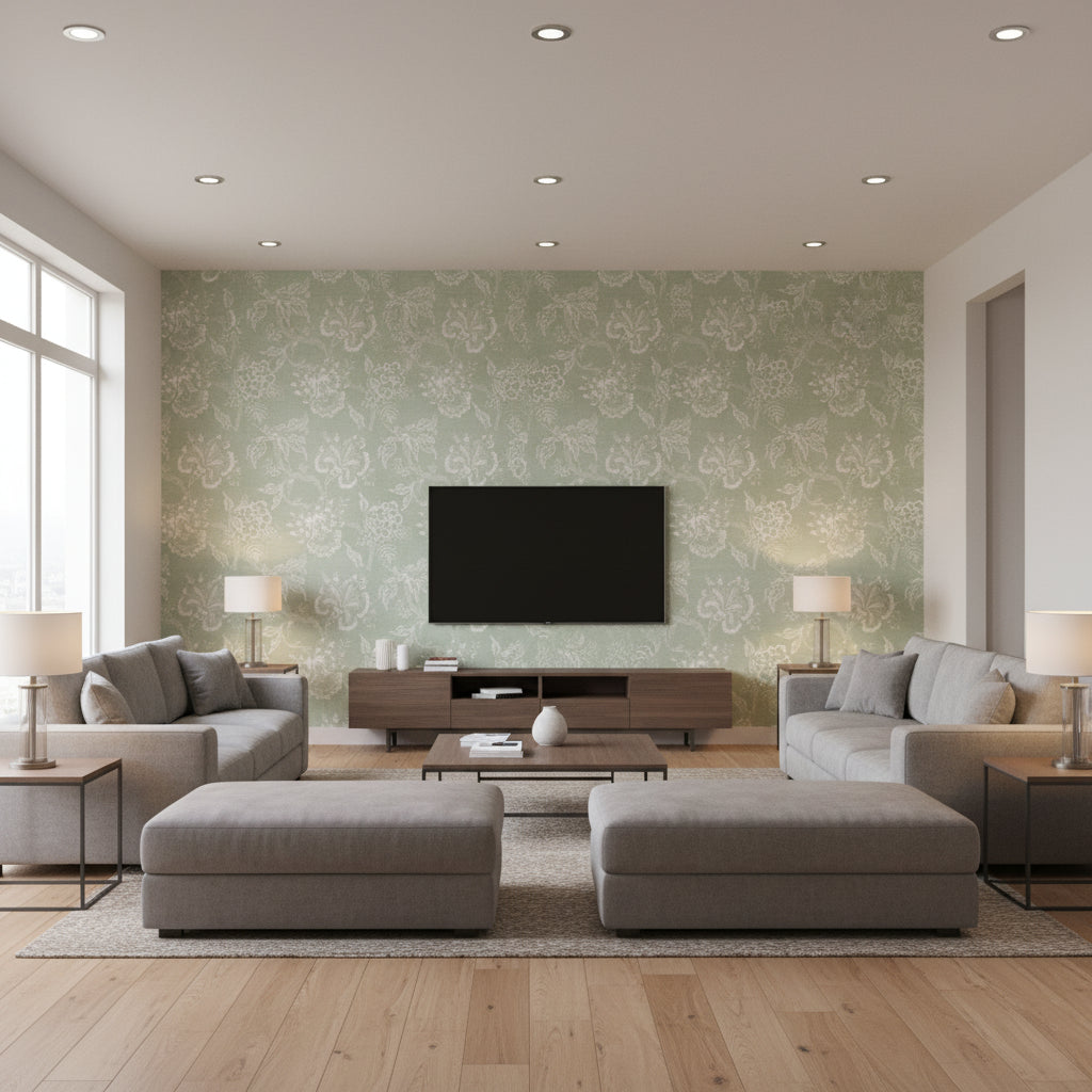 Hothouse Flowers Sisal Seaglass & Chalk | Schumacher Wallcovering - Living Room Visualization (AI-generated, may not be to scale. Verify pattern scale with product specifications.)