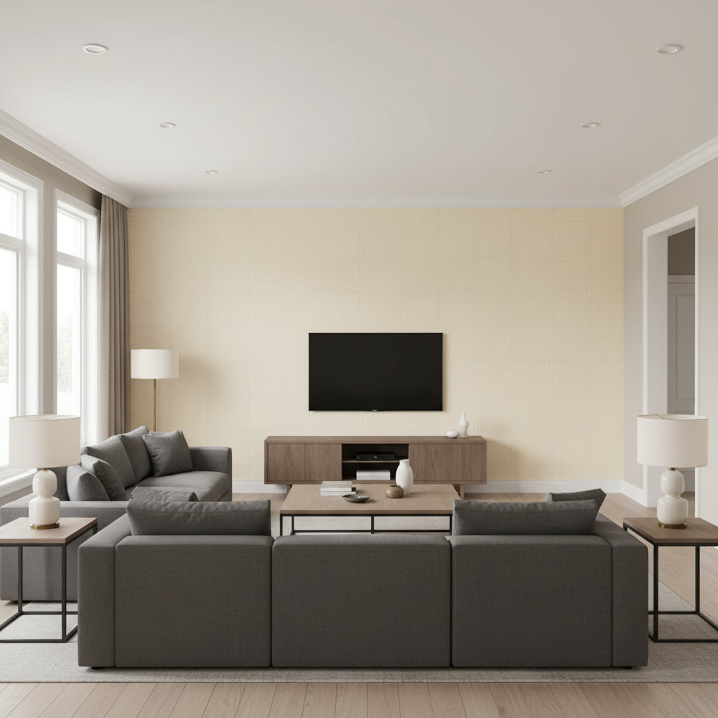 Stud Stripe Ivory / Silver | Schumacher Wallcovering - Living Room Visualization (AI-generated, may not be to scale. Verify pattern scale with product specifications.)