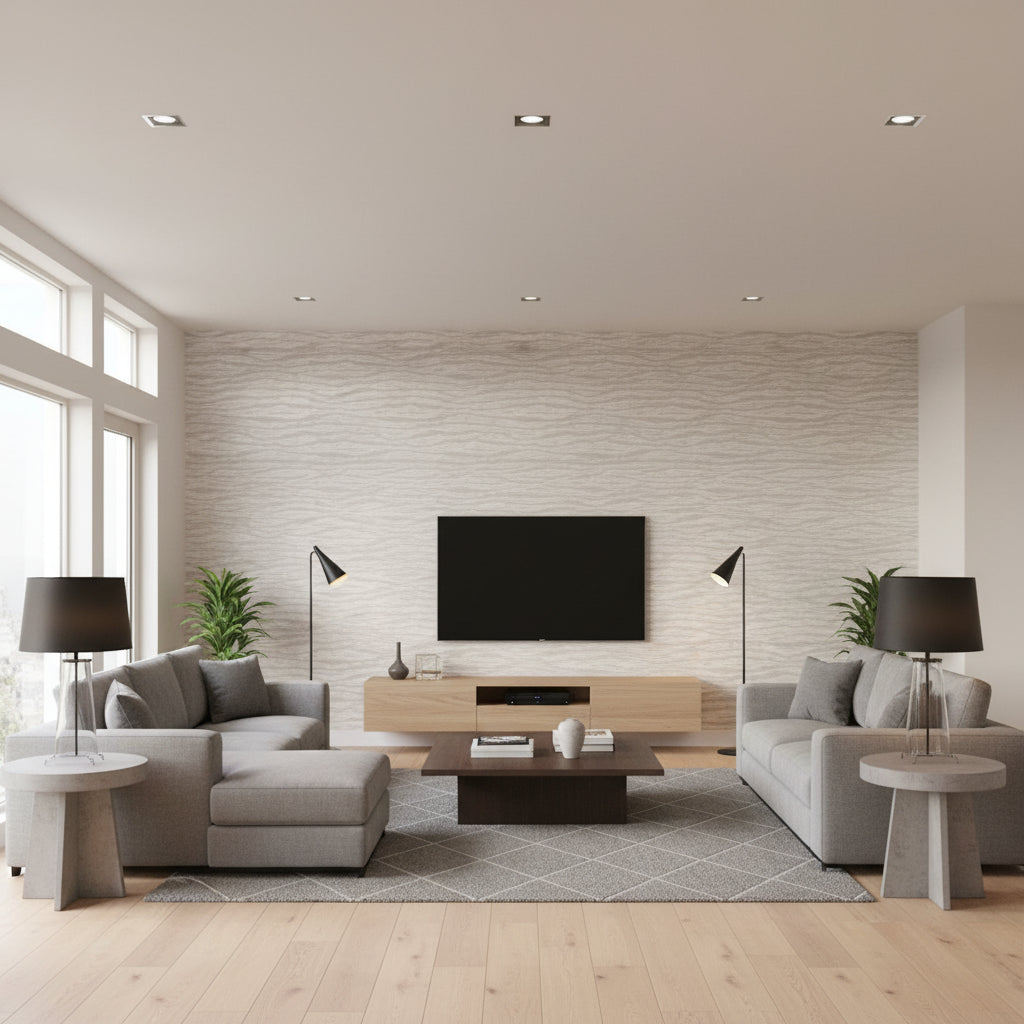 Ripple Sisal Fog & Chalk | Schumacher Wallcovering - Living Room Visualization (AI-generated, may not be to scale. Verify pattern scale with product specifications.)