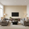 Harshaw Pinstripe Sisal Tan | Schumacher Wallcovering - Living Room Visualization (AI-generated, may not be to scale. Verify pattern scale with product specifications.)