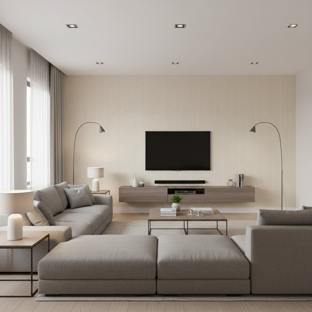 Pearce Herringbone - Bone (5006170) | Architectural Wallcoverings - Living Room Visualization (AI-generated, may not be to scale. Verify pattern scale with product specifications.)