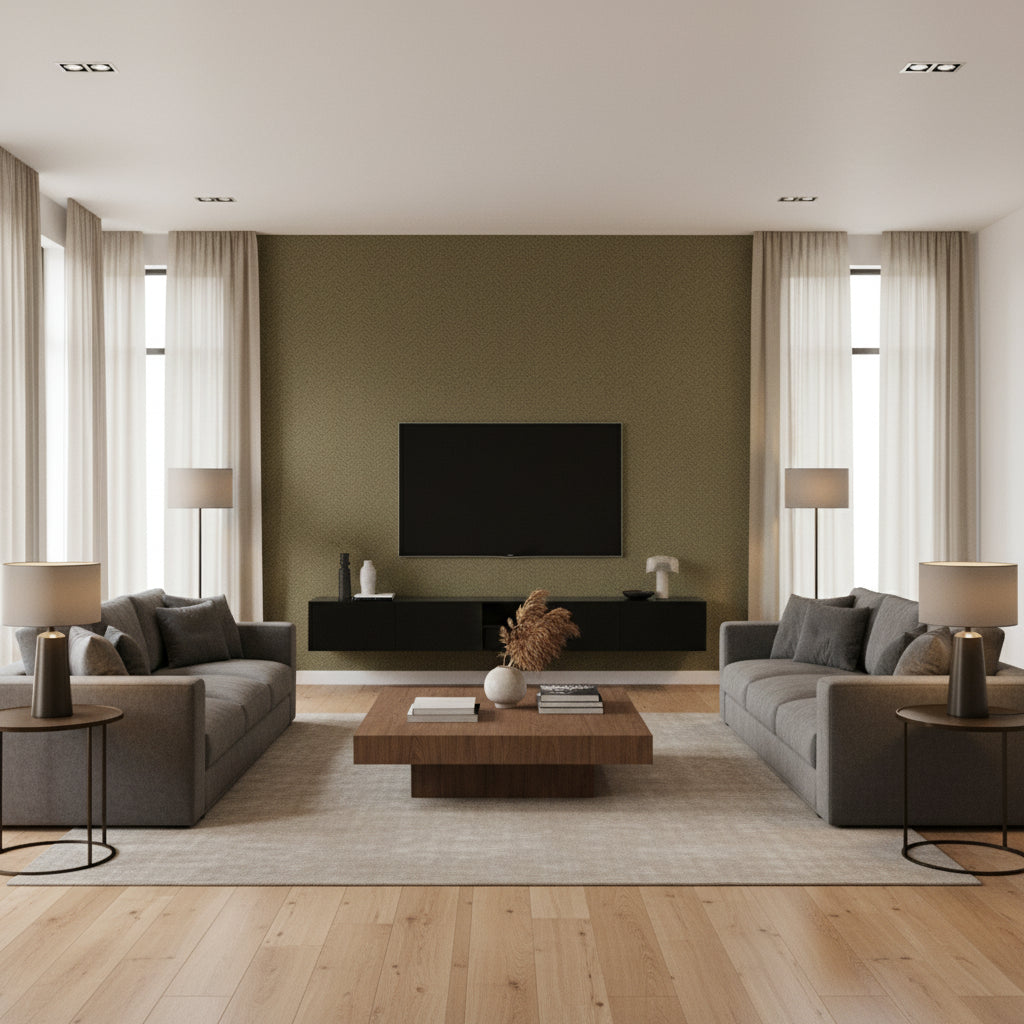 Pearce Herringbone - Moss (5006173) | Architectural Wallcoverings - Living Room Visualization (AI-generated, may not be to scale. Verify pattern scale with product specifications.)