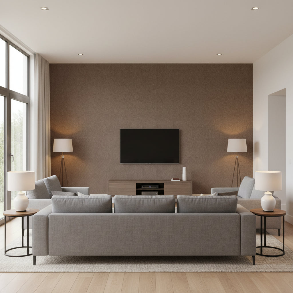Telluride Herringbone Sable | Schumacher Wallcovering - Living Room Visualization (AI-generated, may not be to scale. Verify pattern scale with product specifications.)