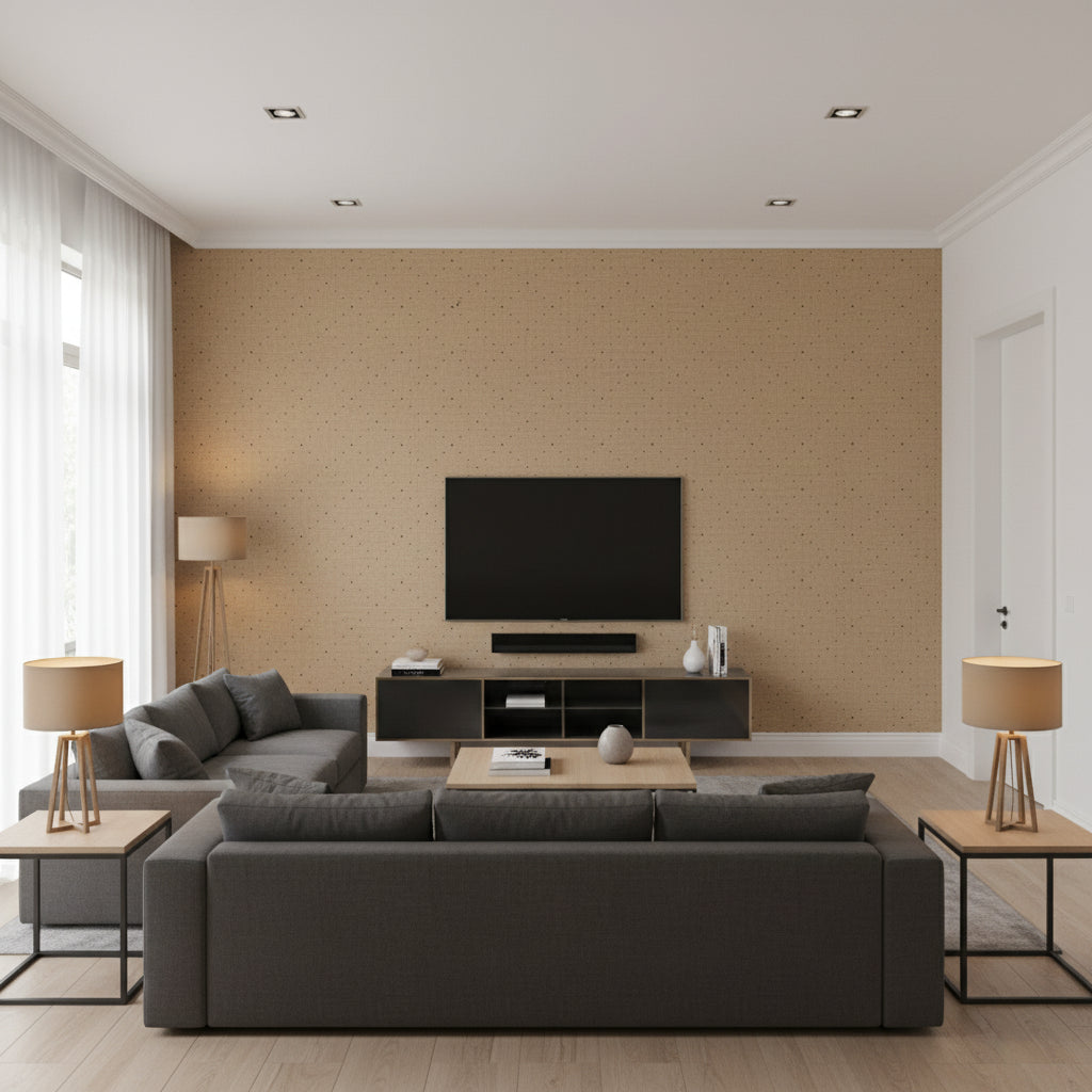 Colton Chevron Natural / Bronze | Schumacher Wallcovering - Living Room Visualization (AI-generated, may not be to scale. Verify pattern scale with product specifications.)