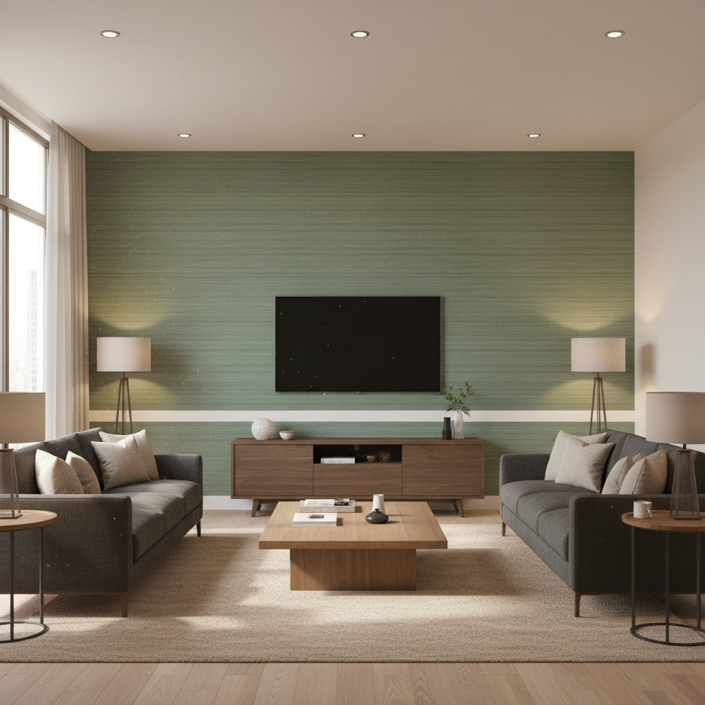 Zen Bamboo Jade | Schumacher Wallcovering - Living Room Visualization (AI-generated, may not be to scale. Verify pattern scale with product specifications.)