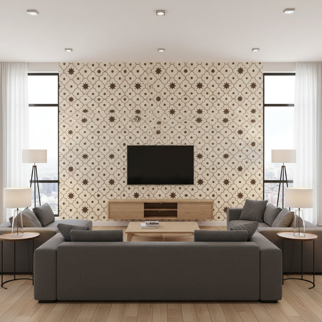Taj Trellis Sepia | Schumacher Wallcovering - Living Room Visualization (AI-generated, may not be to scale. Verify pattern scale with product specifications.)