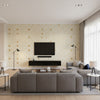 Taj Trellis Burnished Gilt | Schumacher Wallcovering - Living Room Visualization (AI-generated, may not be to scale. Verify pattern scale with product specifications.)