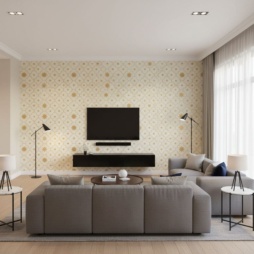 Taj Trellis Burnished Gilt | Schumacher Wallcovering - Living Room Visualization (AI-generated, may not be to scale. Verify pattern scale with product specifications.)