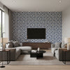 Agadir Screen Lapis | Schumacher Wallcovering - Living Room Visualization (AI-generated, may not be to scale. Verify pattern scale with product specifications.)