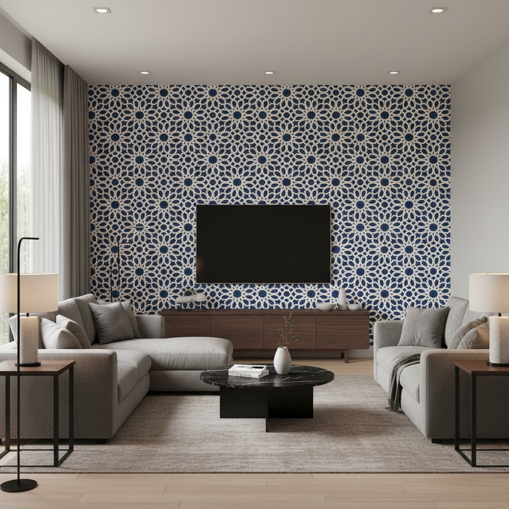 Agadir Screen Lapis | Schumacher Wallcovering - Living Room Visualization (AI-generated, may not be to scale. Verify pattern scale with product specifications.)