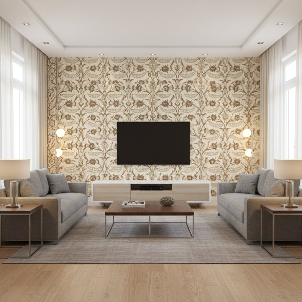 Topkapi Sepia | Schumacher Wallcovering - Living Room Visualization (AI-generated, may not be to scale. Verify pattern scale with product specifications.)