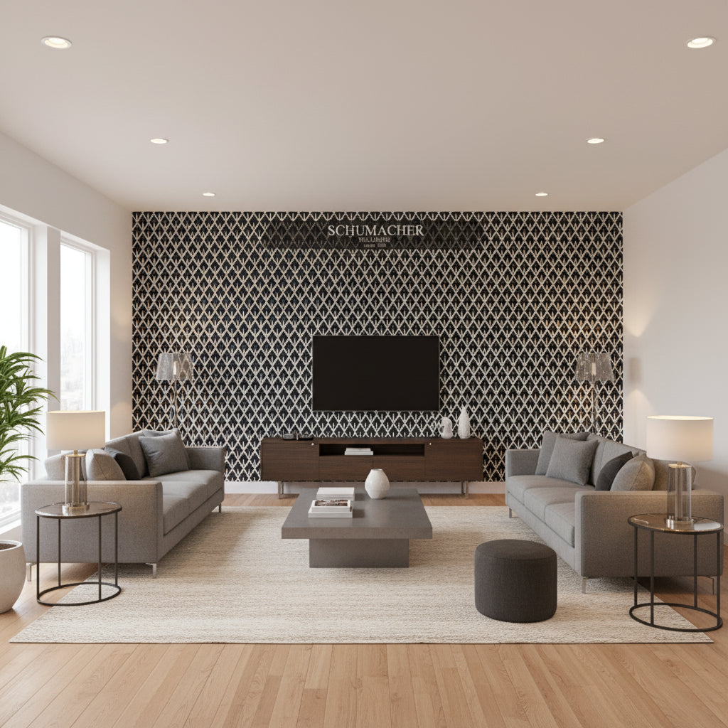 Mughal Leaf Noir | Schumacher Wallcovering - Living Room Visualization (AI-generated, may not be to scale. Verify pattern scale with product specifications.)