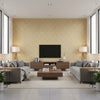 Mughal Leaf Burnished Gilt | Schumacher Wallcovering - Living Room Visualization (AI-generated, may not be to scale. Verify pattern scale with product specifications.)