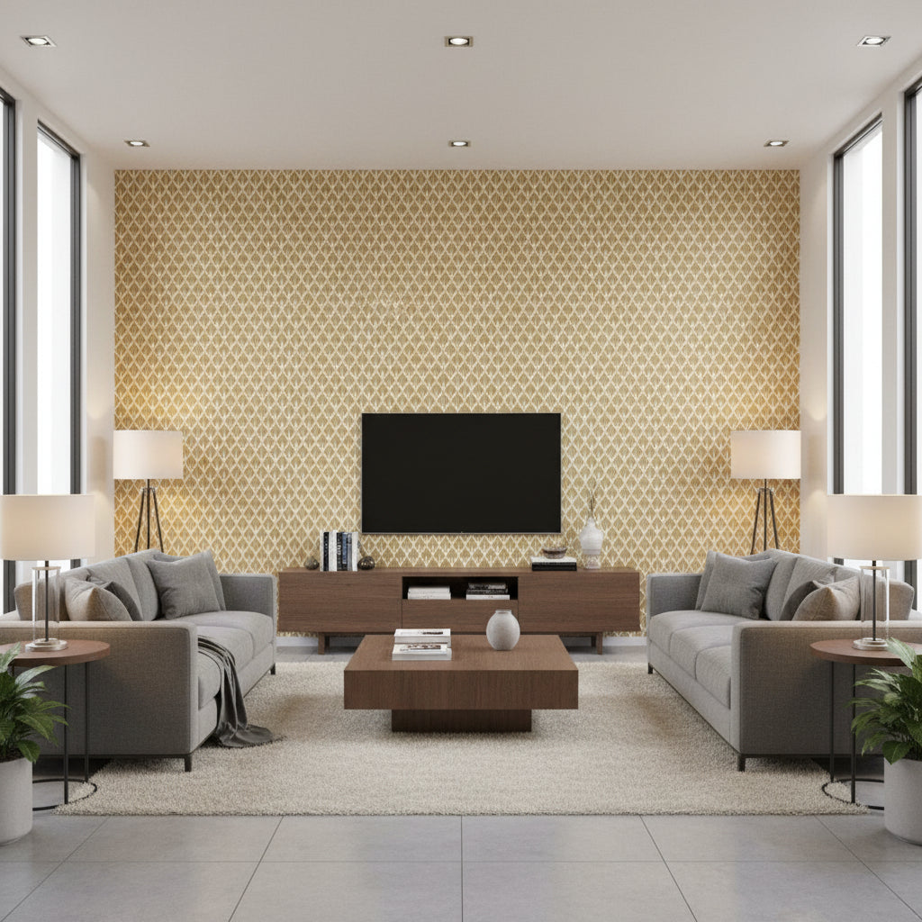 Mughal Leaf Burnished Gilt | Schumacher Wallcovering - Living Room Visualization (AI-generated, may not be to scale. Verify pattern scale with product specifications.)