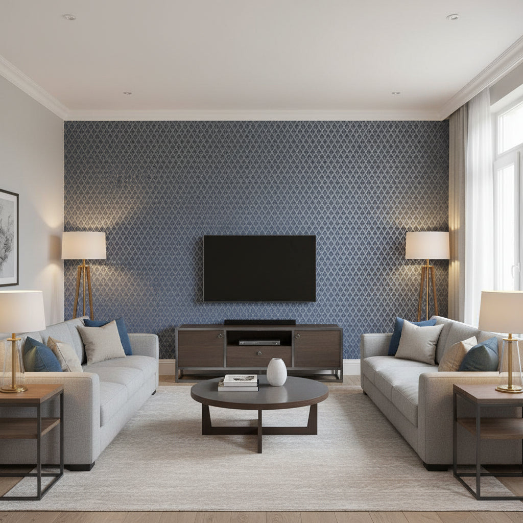 Mughal Leaf Imperial | Schumacher Wallcovering - Living Room Visualization (AI-generated, may not be to scale. Verify pattern scale with product specifications.)