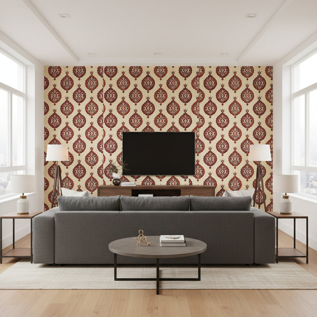 Samovar Pomegranate | Schumacher Wallcovering - Living Room Visualization (AI-generated, may not be to scale. Verify pattern scale with product specifications.)