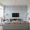 Sultan's Trellis Peacock | Schumacher Wallcovering - Living Room Visualization (AI-generated, may not be to scale. Verify pattern scale with product specifications.)