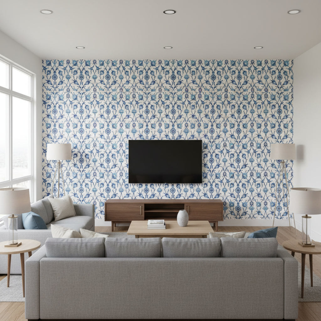 Sultan's Trellis Peacock | Schumacher Wallcovering - Living Room Visualization (AI-generated, may not be to scale. Verify pattern scale with product specifications.)