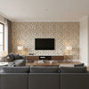 Sultan's Trellis Sepia | Schumacher Wallcovering - Living Room Visualization (AI-generated, may not be to scale. Verify pattern scale with product specifications.)