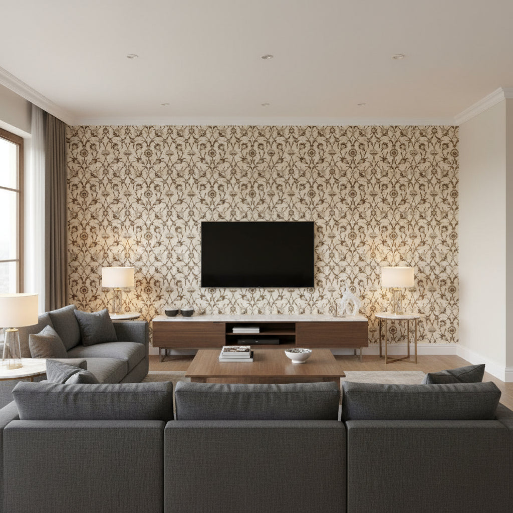 Sultan's Trellis Sepia | Schumacher Wallcovering - Living Room Visualization (AI-generated, may not be to scale. Verify pattern scale with product specifications.)