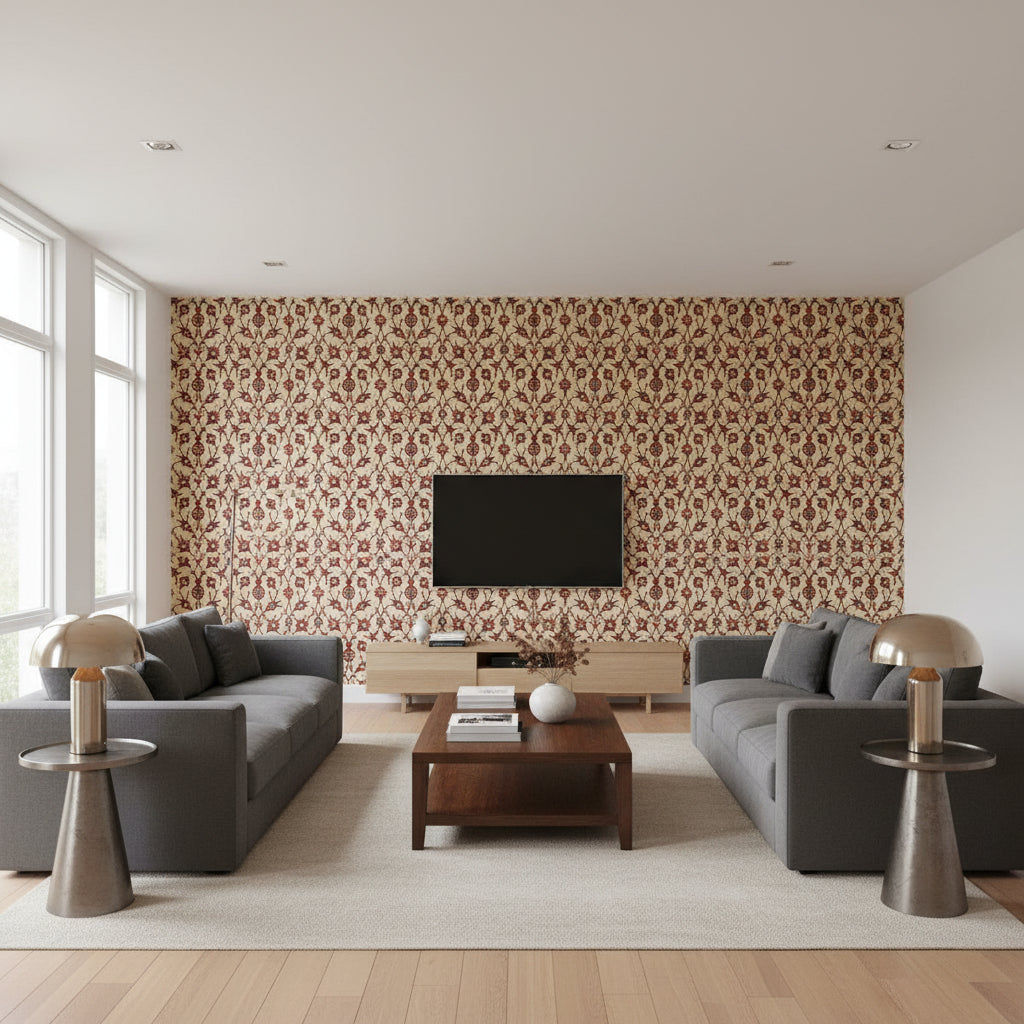 Sultan's Trellis Pomegranate | Schumacher Wallcovering - Living Room Visualization (AI-generated, may not be to scale. Verify pattern scale with product specifications.)