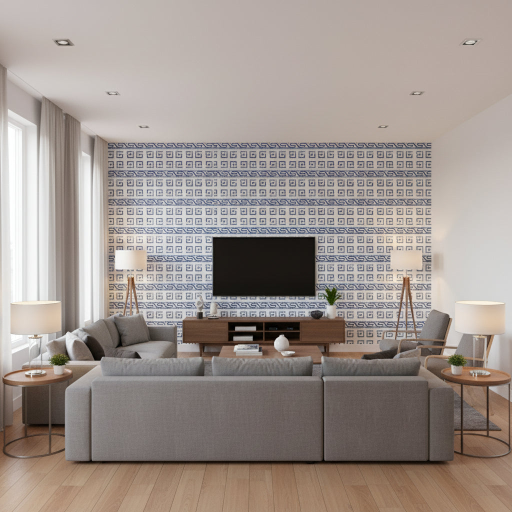 Bosphorus Border Peacock | Schumacher Wallcovering - Living Room Visualization (AI-generated, may not be to scale. Verify pattern scale with product specifications.)
